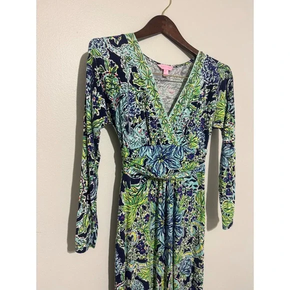 Lilly Pulitzer Riana Maxi Dress Blue Green Tropical Floral V-Neck Long Sleeve XS - Picture 1 of 10